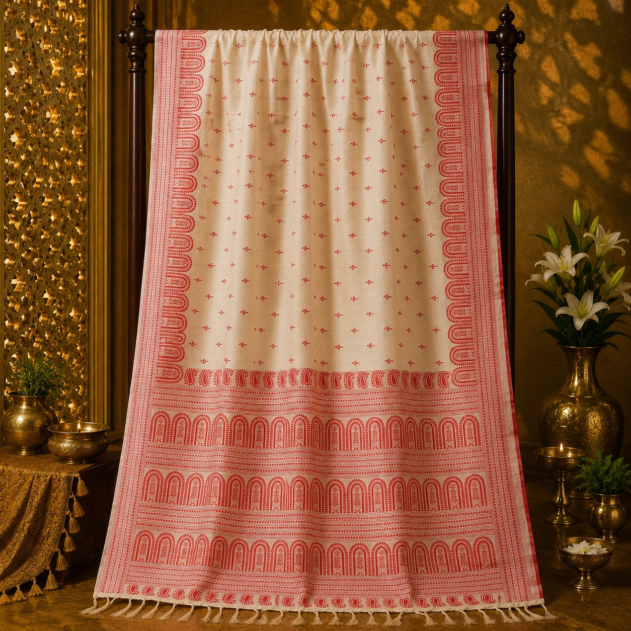 Off White Semi Tussar Saree with Red Traditional Temple Border and Allover Buti Weaving
