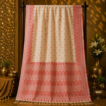 Off White Semi Tussar Saree with Red Traditional Temple Border and Allover Buti Weaving