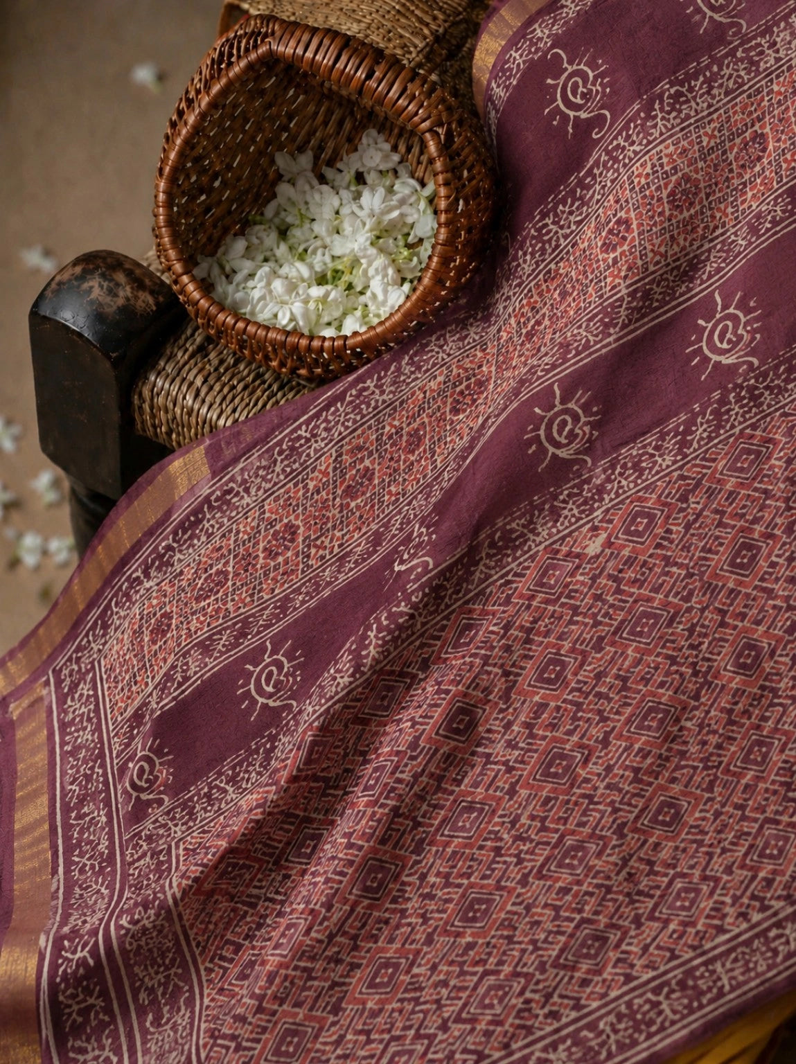 Maroon Kota Doria Hand Block Print Saree with Geometric Diamond Motifs & Traditional Borders