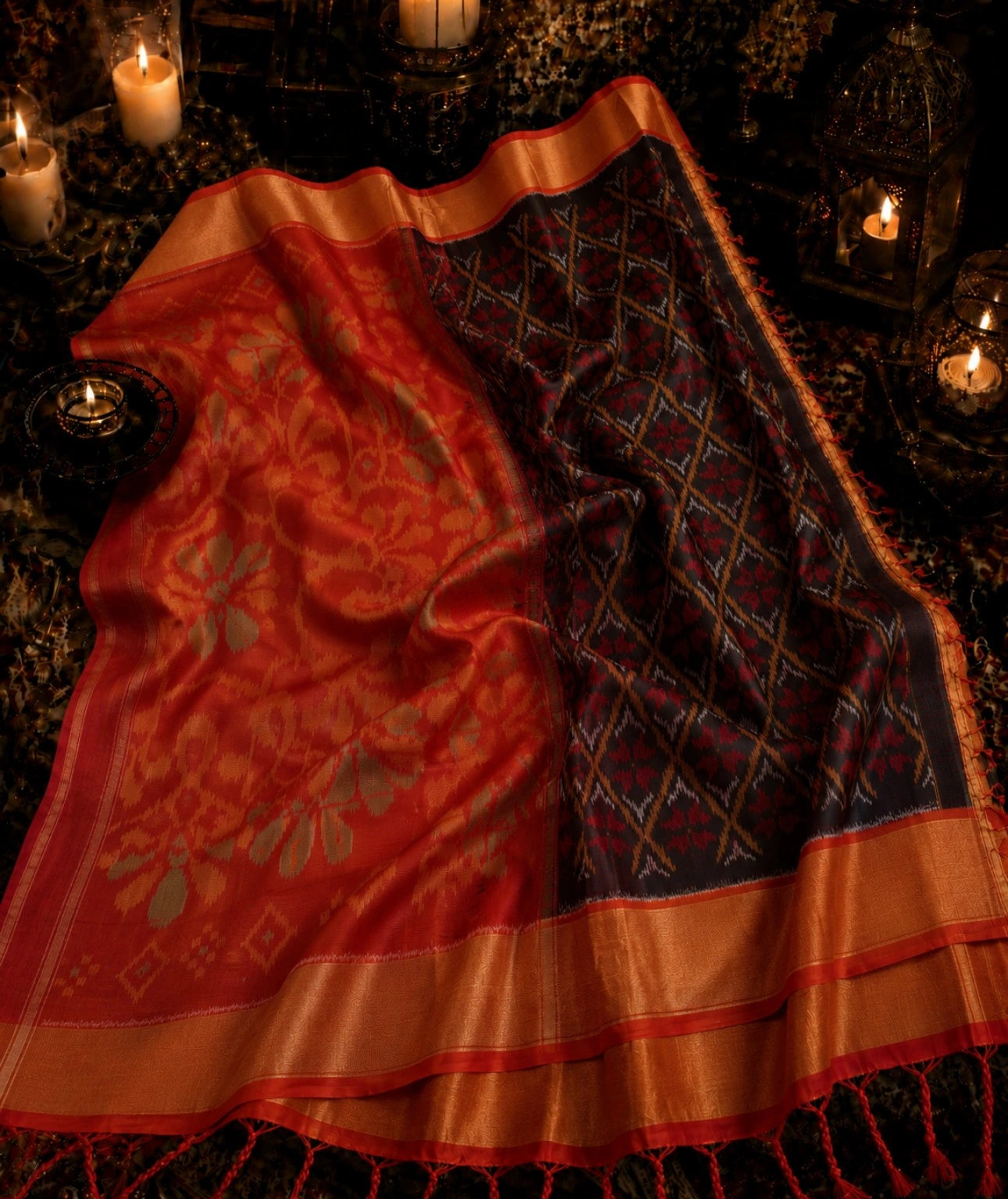 Red & Black Pure Sico Pochampally Saree with Floral Pallu and Ikat Diamond Weave