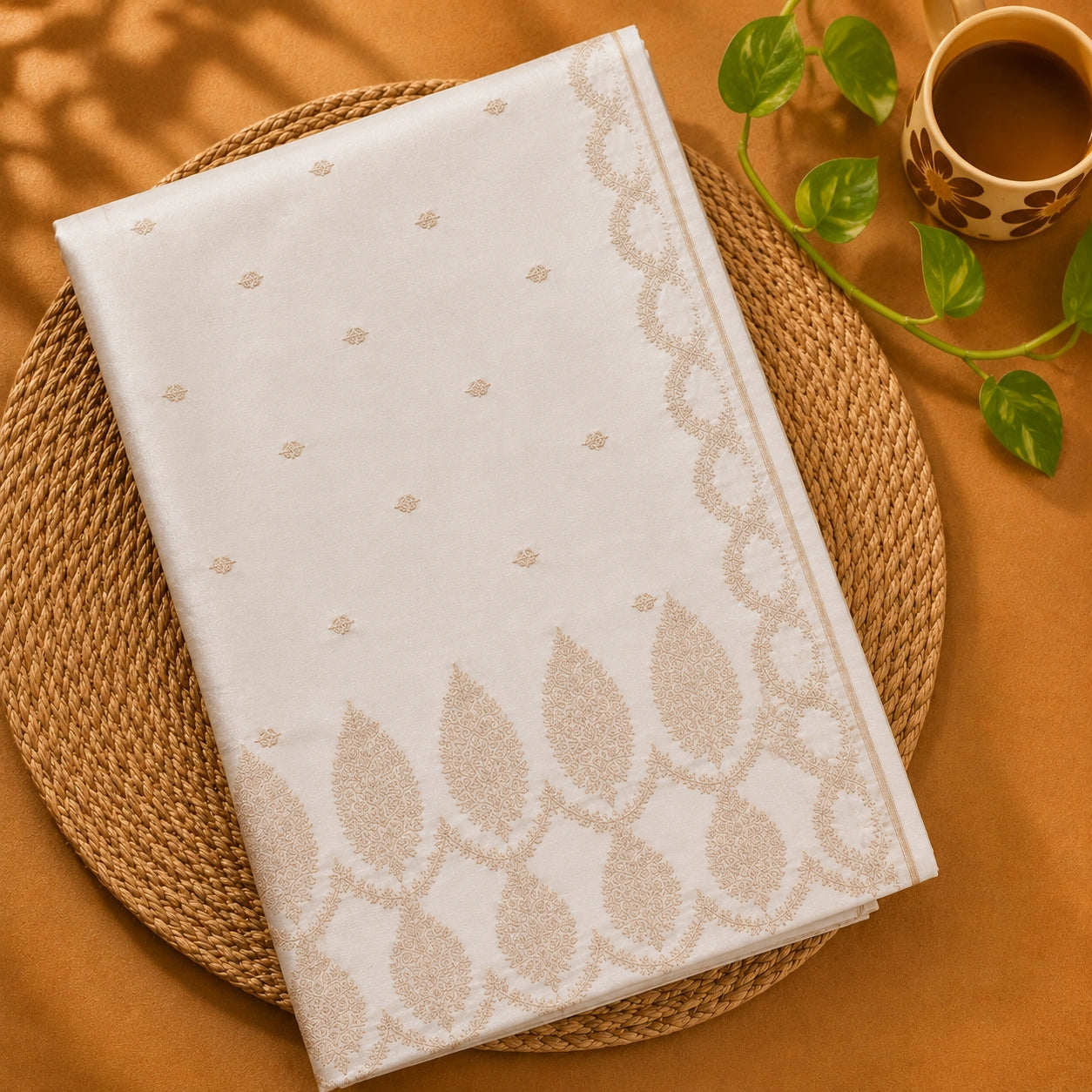 Ivory Pure Mashru Silk Banarasi Saree with Dual Floral Borders and Buti Weaving