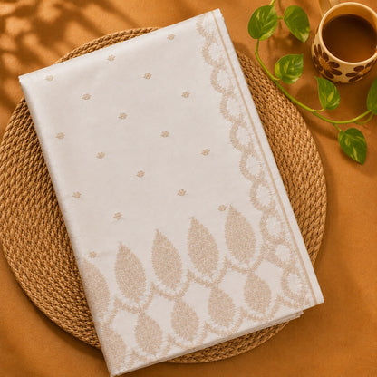 Ivory Pure Mashru Silk Banarasi Saree with Dual Floral Borders and Buti Weaving