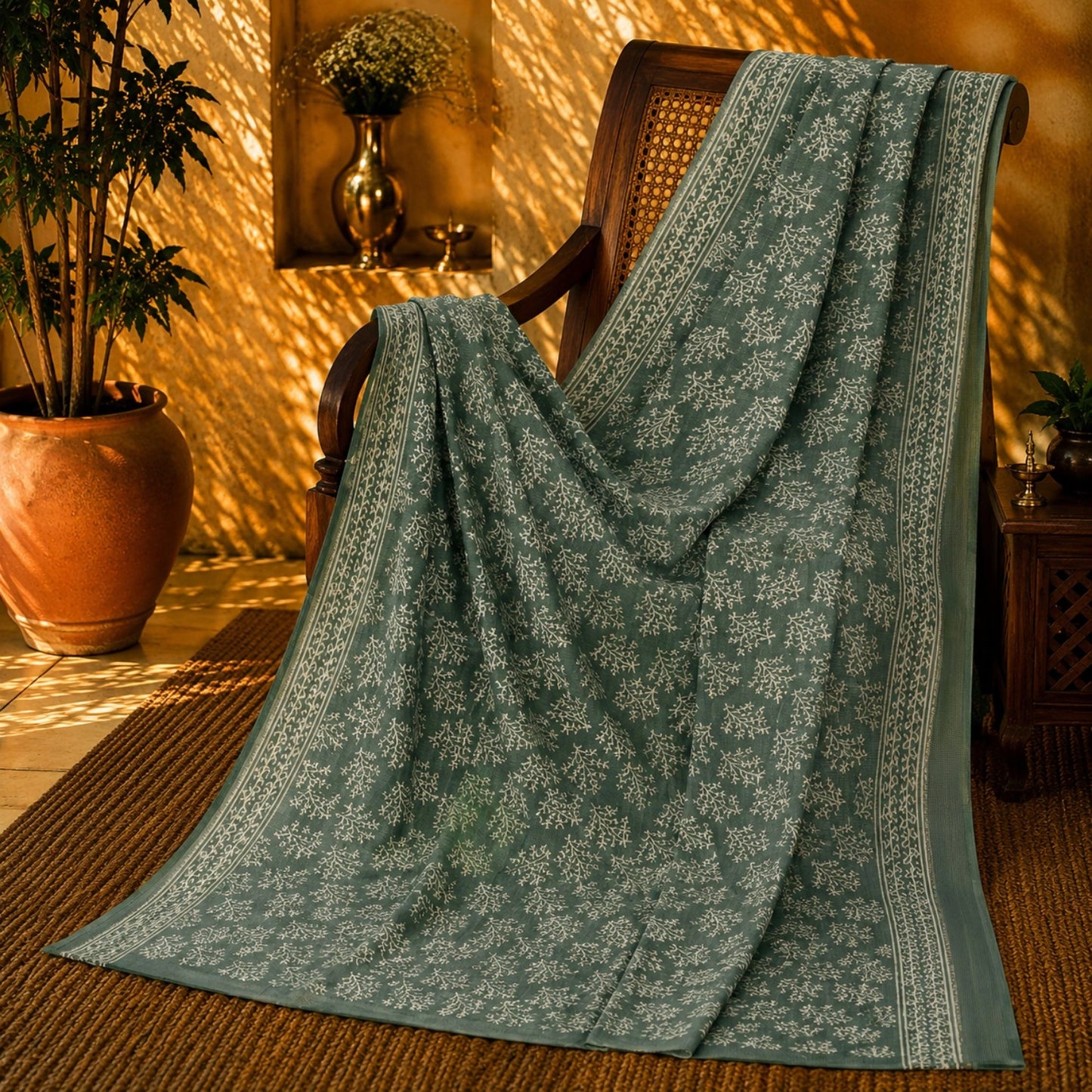 Sage Green Maheshwari Saree with White Floral Buti Print and Traditional Border