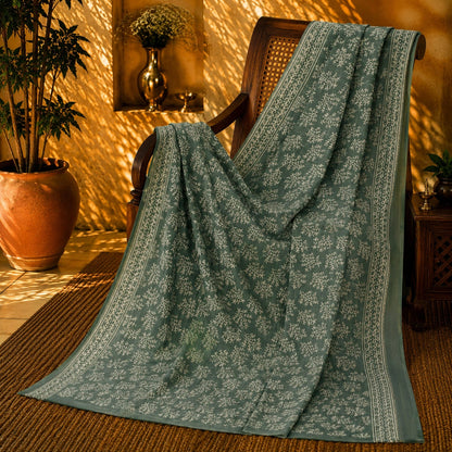 Sage Green Maheshwari Saree with White Floral Buti Print and Traditional Border