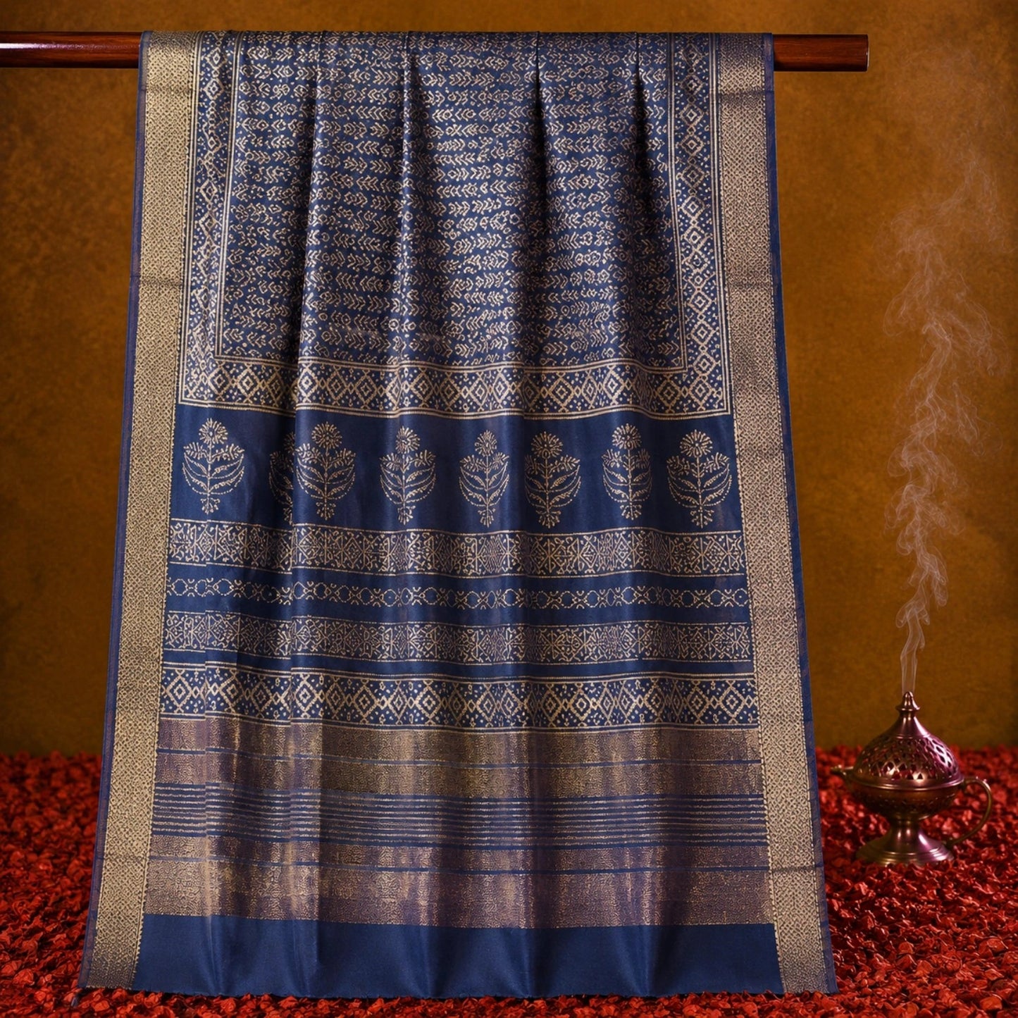 Royal Blue Maheshwari Saree with Silver Zari Tribal Buta Weaving and Ornate Border