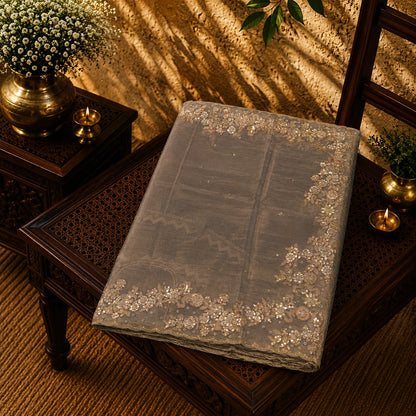 Taupe Pure Crush Tissue Saree with Sequins Floral Embroidered Scalloped Border