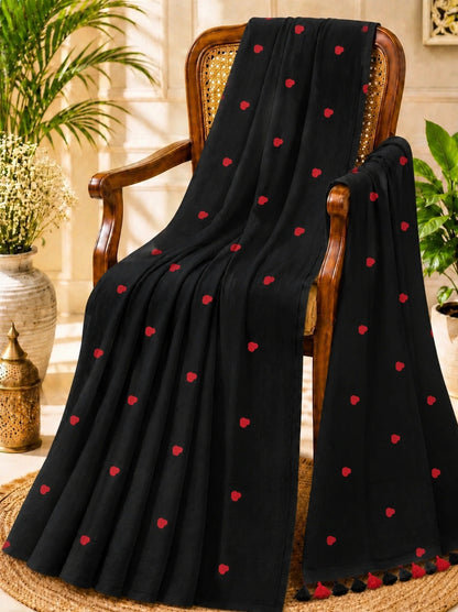 Black Mul Cotton Embroidery Saree with Red Buti Motifs & Tassel Pallu
