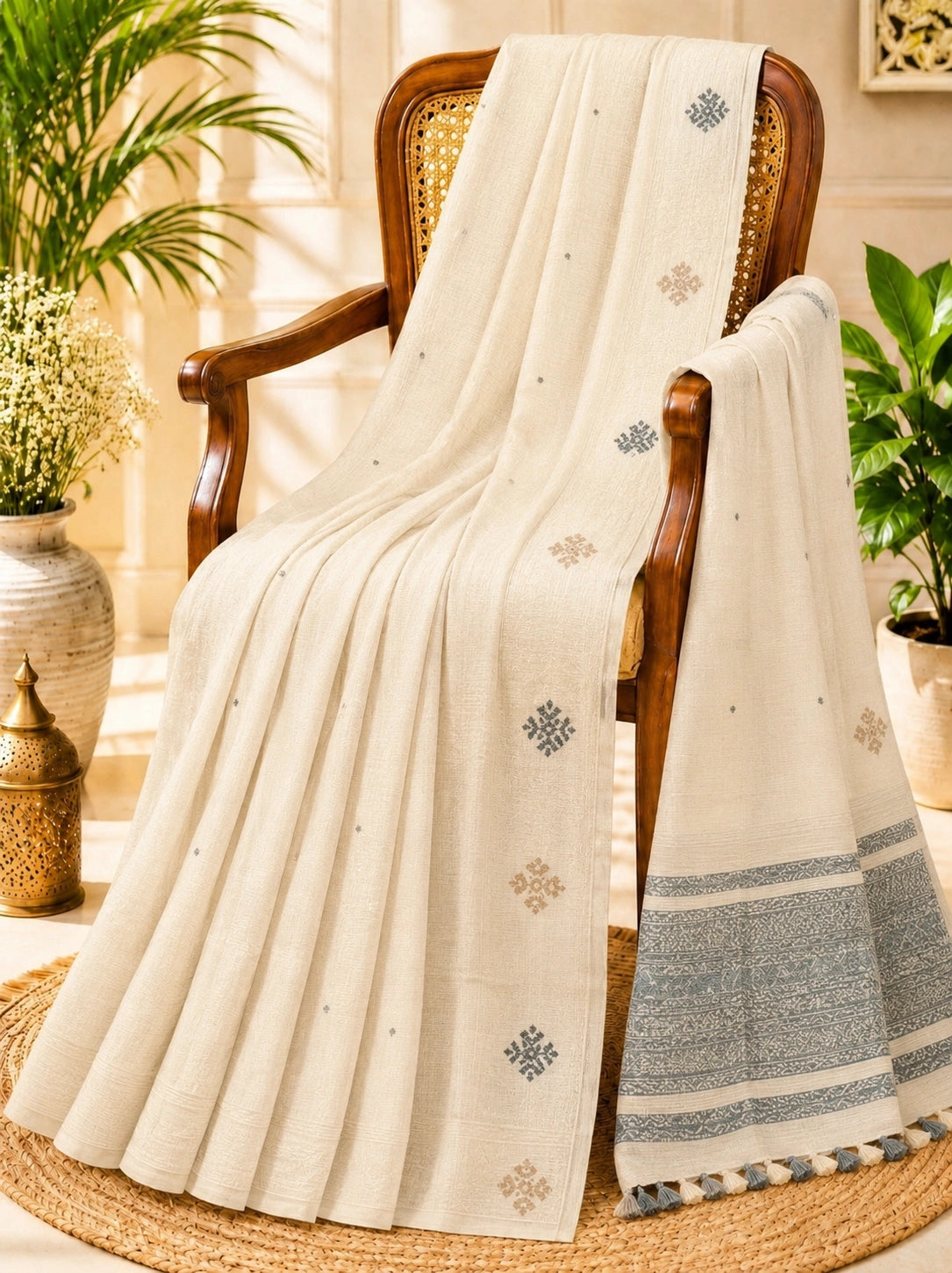 Off White Handloom Jamdani Saree with Blue Woven Border & Traditional Buti Motifs