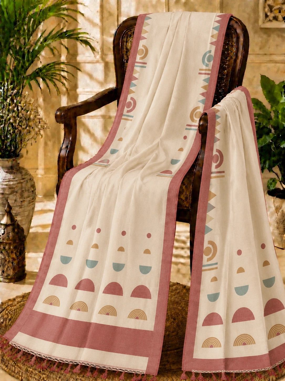 Off White Pure Handloom Cotton Saree with Dusty Rose Geometric Border Design