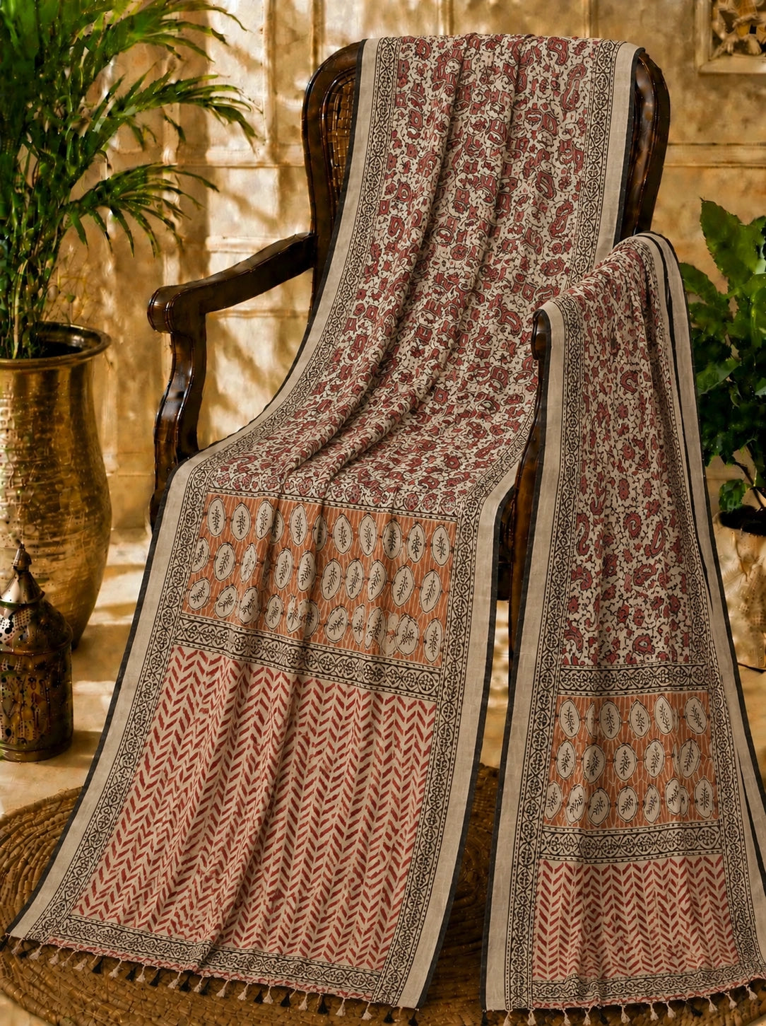 Beige Linen Kalamkari Saree with Floral Buta Print & Rust Artistic Pallu