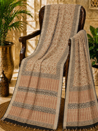 Beige Linen Bagru Print Saree with Traditional Floral Motifs & Tribal Border