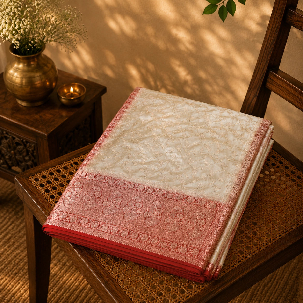Ivory White Pure Mashru Silk Banarasi Saree with Red Woven Floral Border