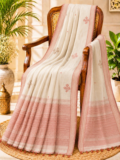 Off White Handloom Jamdani Saree with Red Woven Border & Traditional Buti Motifs