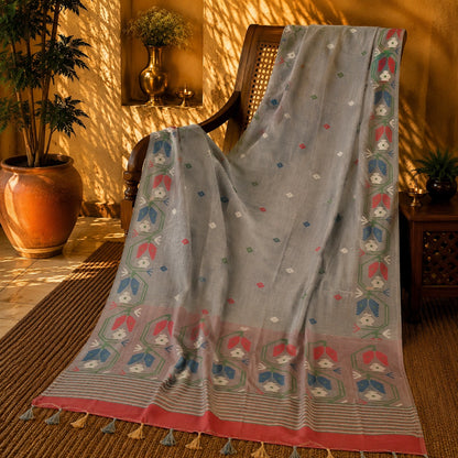 Grey Silk Jamdani Saree with Multicolor Floral Temple Border and Woven Buti Design