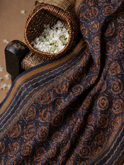 Navy Blue Kota Doria Hand Block Print Saree with Spiral Motif Design & Wavy Border