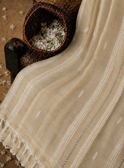 Beige Pure Mul Cotton Hand Weaving Jamdani Buta Saree with Traditional Woven Border