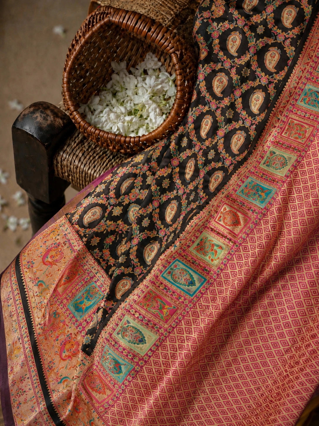 Black Pure Mashru Kani Silk Saree with Multicolor Paisley Motifs & Pink Kani Border