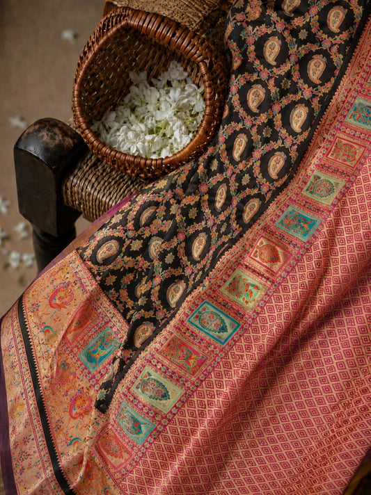 Black Pure Mashru Kani Silk Saree with Multicolor Paisley Motifs & Pink Kani Border