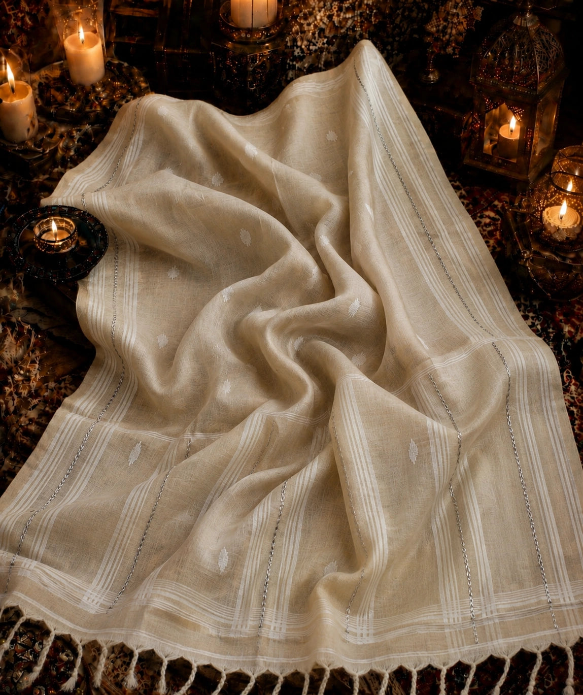 Beige Pure Mul Cotton Hand Weaving Jamdani Buta Saree with Traditional Woven Border