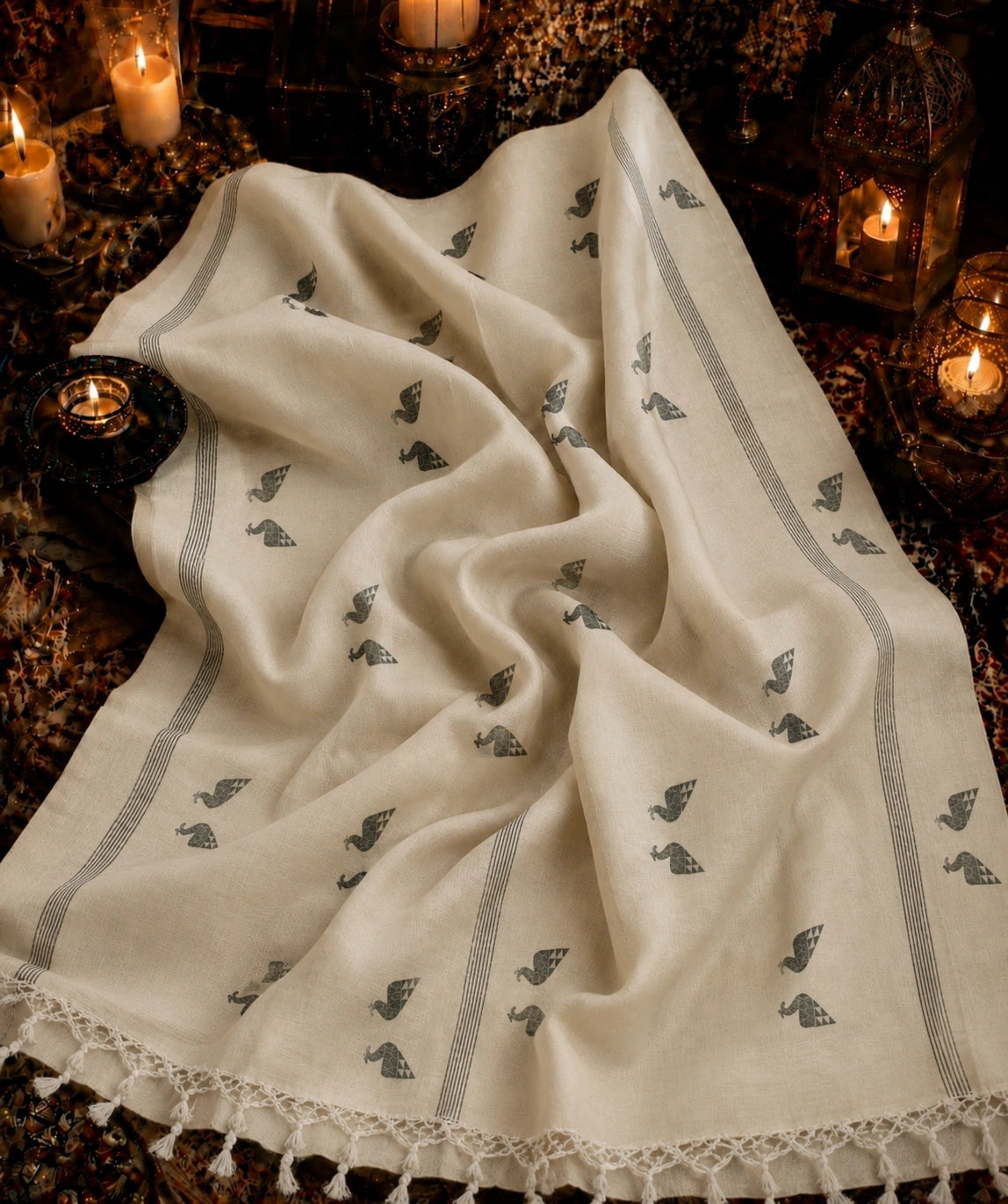 Handloom Pure Cotton Saree in White with Peacock Buti Motifs & Tassel Pallu