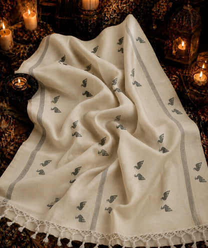 Handloom Pure Cotton Saree in White with Peacock Buti Motifs & Tassel Pallu