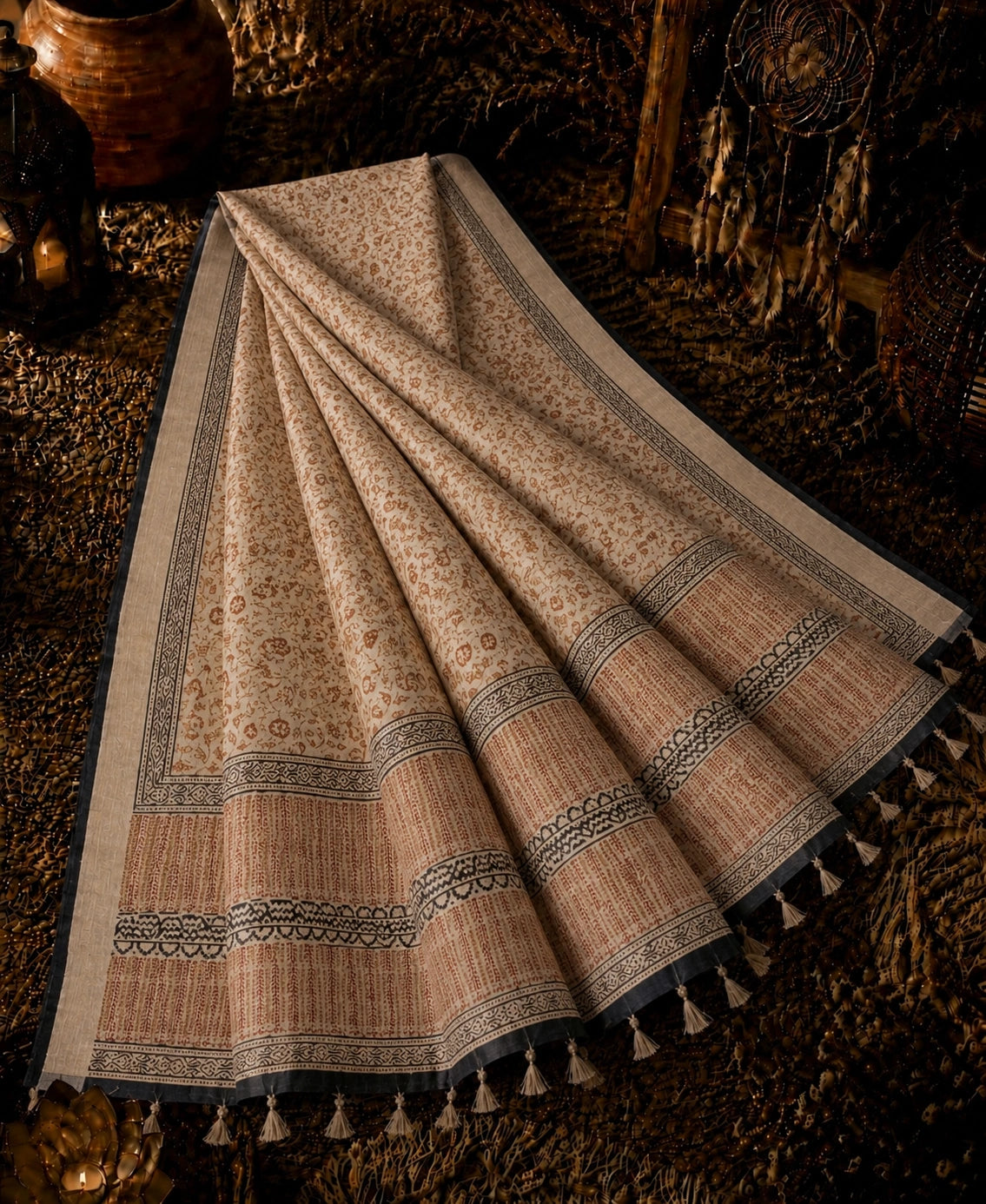 Beige Linen Bagru Print Saree with Traditional Floral Motifs & Tribal Border