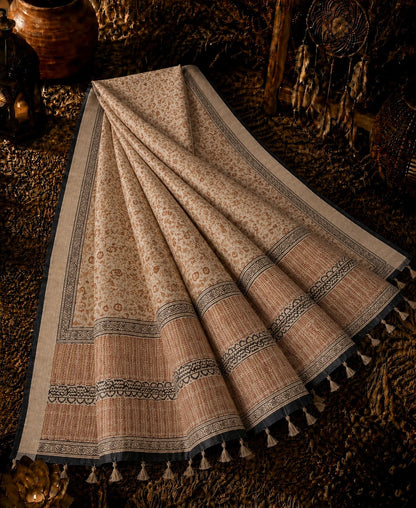 Beige Linen Bagru Print Saree with Traditional Floral Motifs & Tribal Border