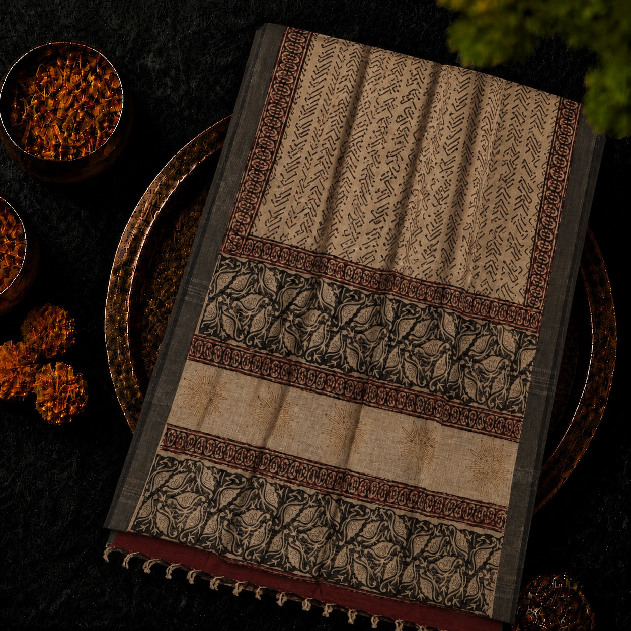 Beige Linen Kalamkari Saree with Tribal Print Body & Artistic Floral Border