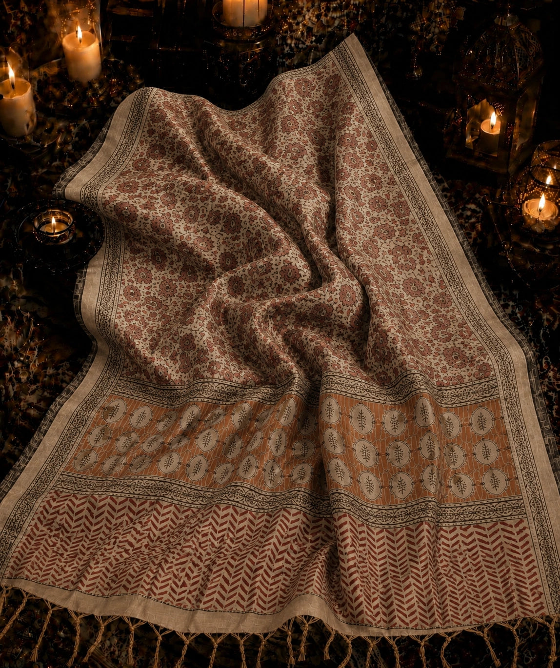 Beige Linen Kalamkari Saree with Floral Buta Print & Rust Artistic Pallu