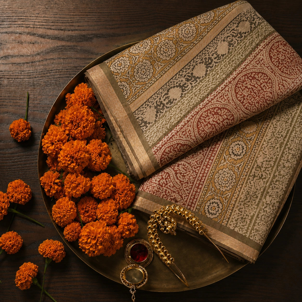 Rust Red & Beige Kota Doria Hand Block Print Saree with Floral and Paisley Borders