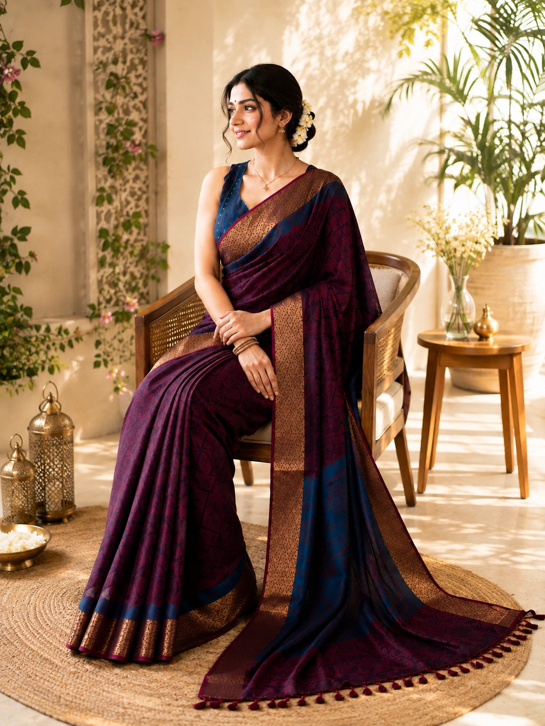 Handloom Cotton Saree in Deep Wine & Navy Blue with Woven Border