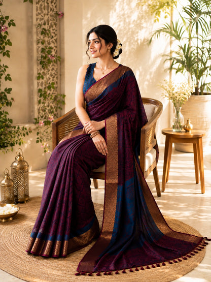 Handloom Cotton Saree in Deep Wine & Navy Blue with Woven Border