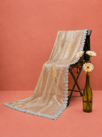 Champagne Beige Fandy Satin Saree with Silver Floral Lace Border Elegant Occasion Wear Saree