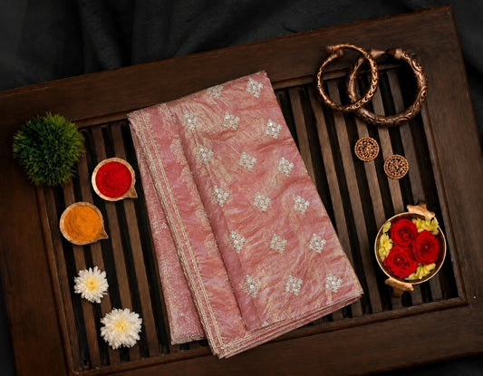 Dusty Rose Fandy Buta Saree with Silver Floral Buti Work and Elegant Border Party Wear Saree