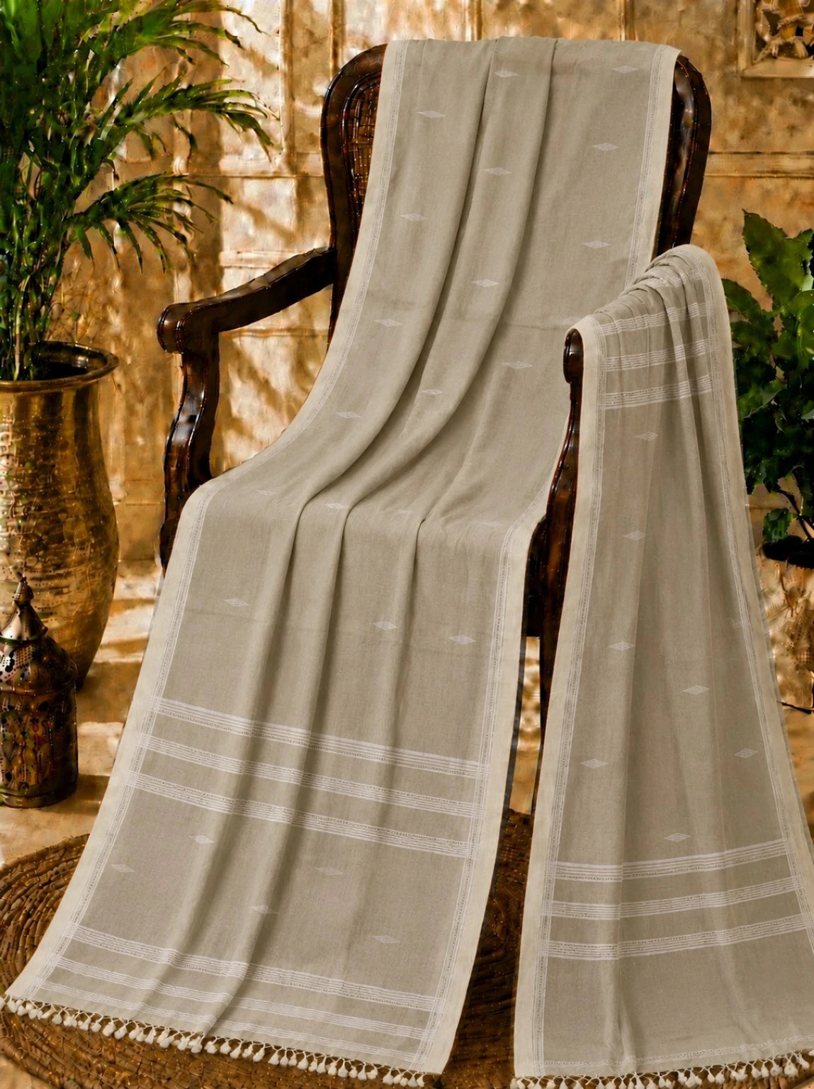 Beige Pure Mul Cotton Hand Weaving Jamdani Buta Saree with White Woven Stripes