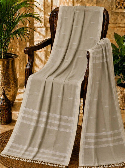 Beige Pure Mul Cotton Hand Weaving Jamdani Buta Saree with White Woven Stripes