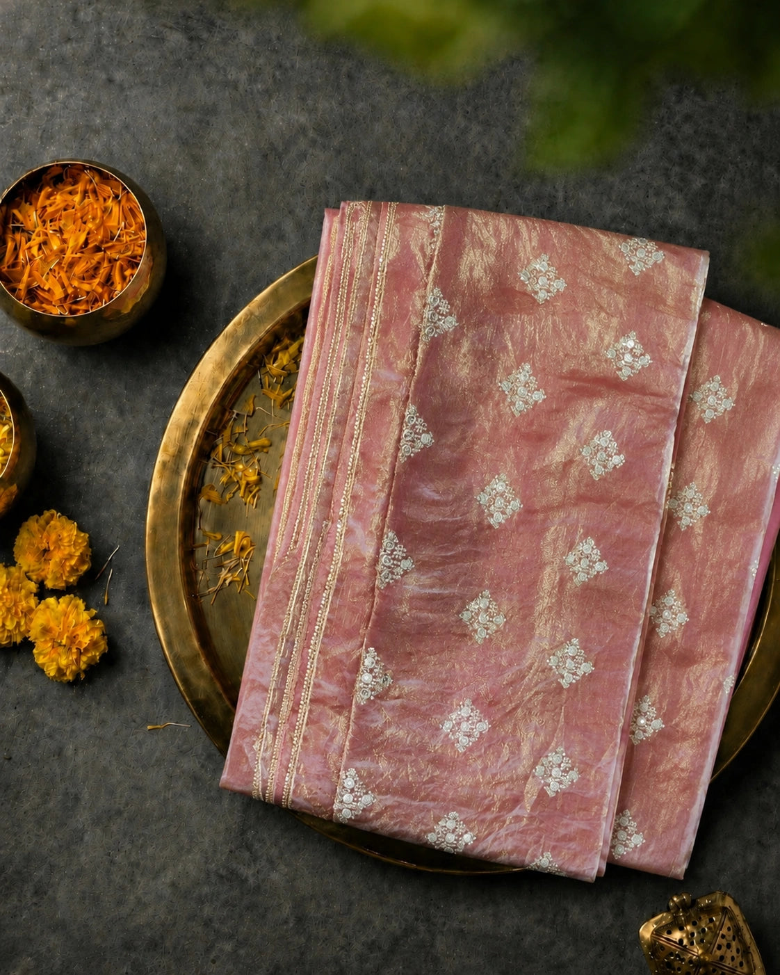 Dusty Rose Fandy Buta Saree with Silver Floral Buti Work and Elegant Border Party Wear Saree