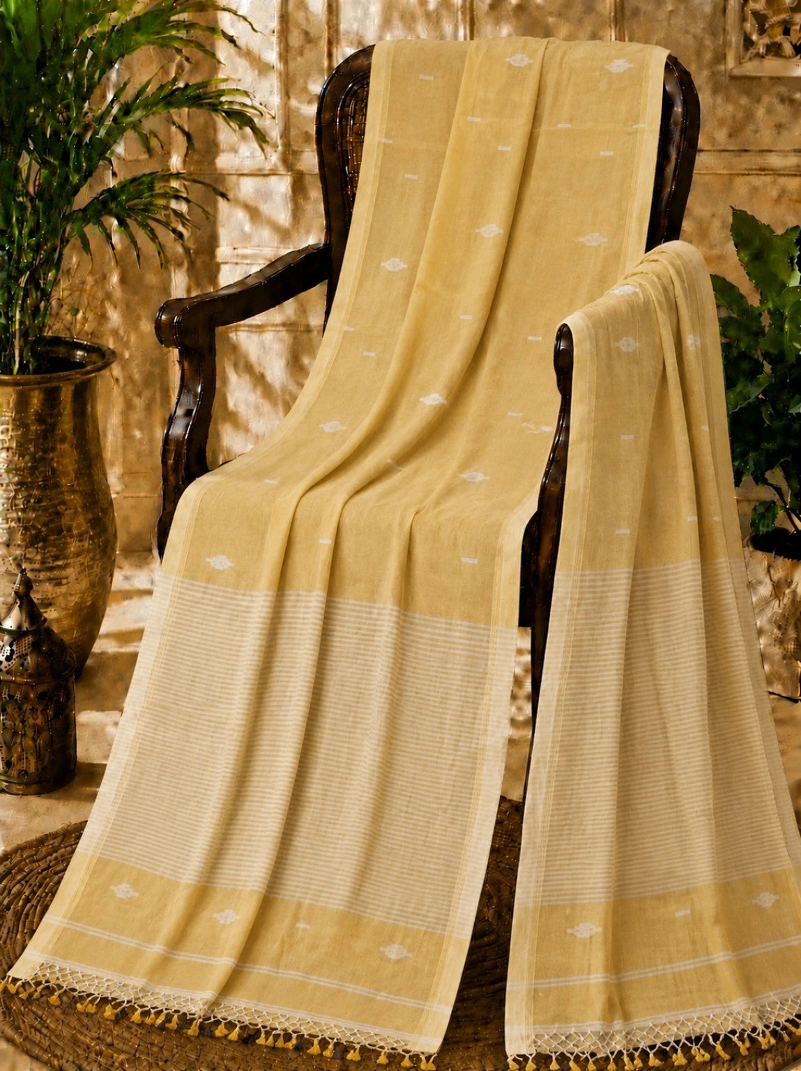 light brown pure Mul Cotton Hand Weaving Jamdani Buta Saree with White Woven Striped Pallu