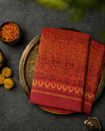 Maroon Kota Doria Hand Block Print Saree with Geometric Diamond Motifs & Traditional Borders (Copy)