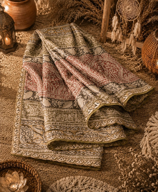 Rust Red & Beige Kota Doria Hand Block Print Saree with Floral and Paisley Borders