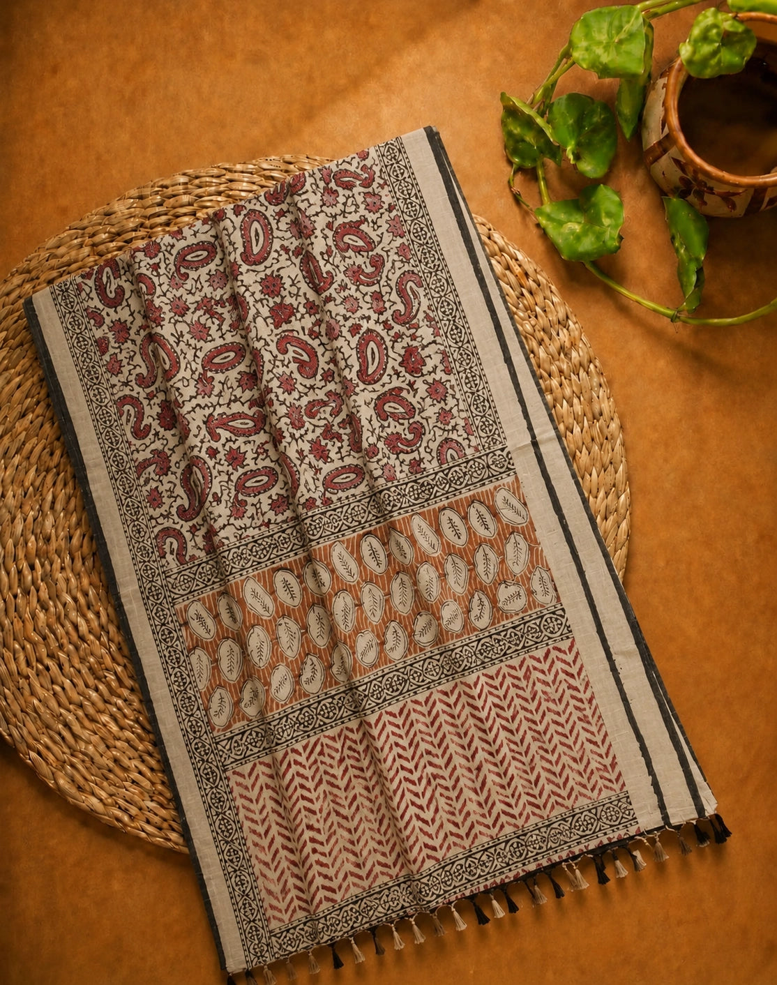 Beige Linen Kalamkari Saree with Floral Buta Print & Rust Artistic Pallu