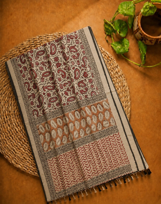 Beige Linen Kalamkari Saree with Floral Buta Print & Rust Artistic Pallu