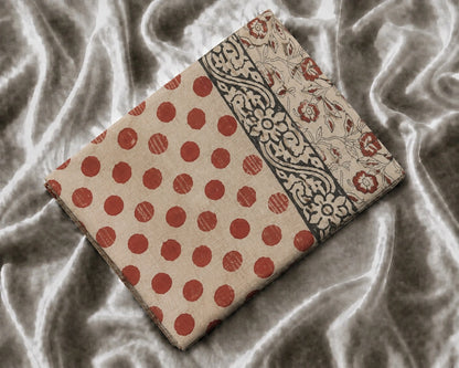 Beige Linen Kalamkari Saree with Rust Polka Dot Print, Floral Pallu & Artistic Border