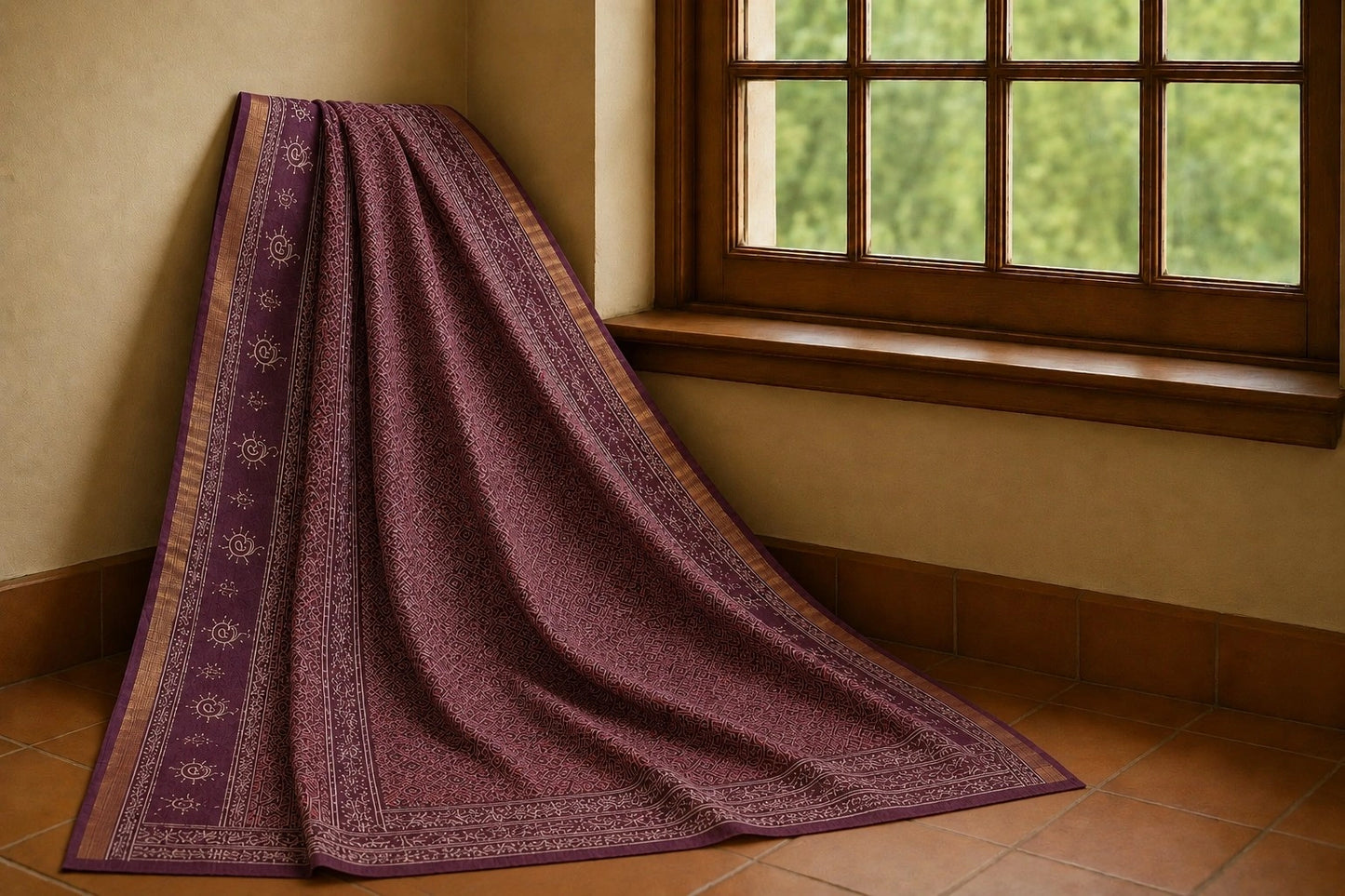 Maroon Kota Doria Hand Block Print Saree with Geometric Diamond Motifs & Traditional Borders