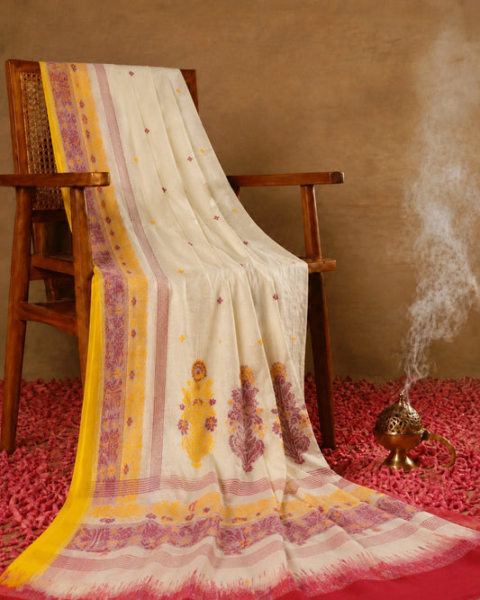 Off-White Cotton Jamdani Ganga Jamuna Border Saree with Pink & Mustard Floral Woven Motifs