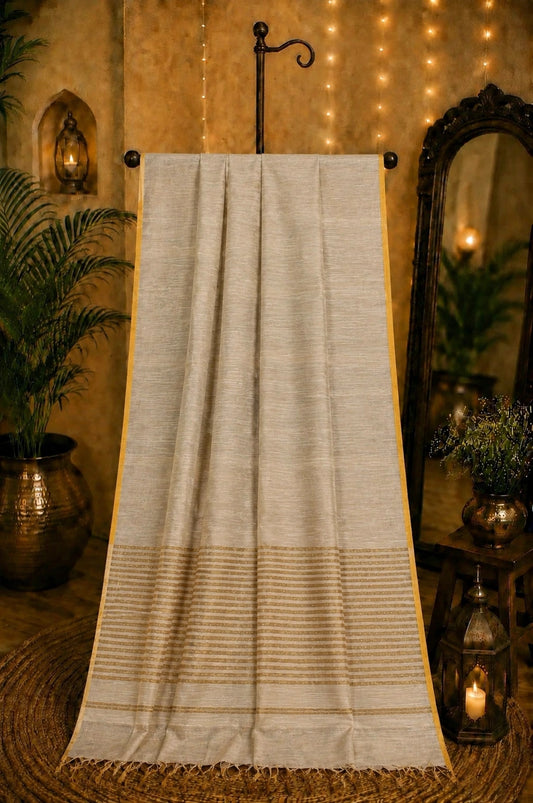 Elegant Beige Linen Zari Saree with Gold Striped Pallu & Subtle Border