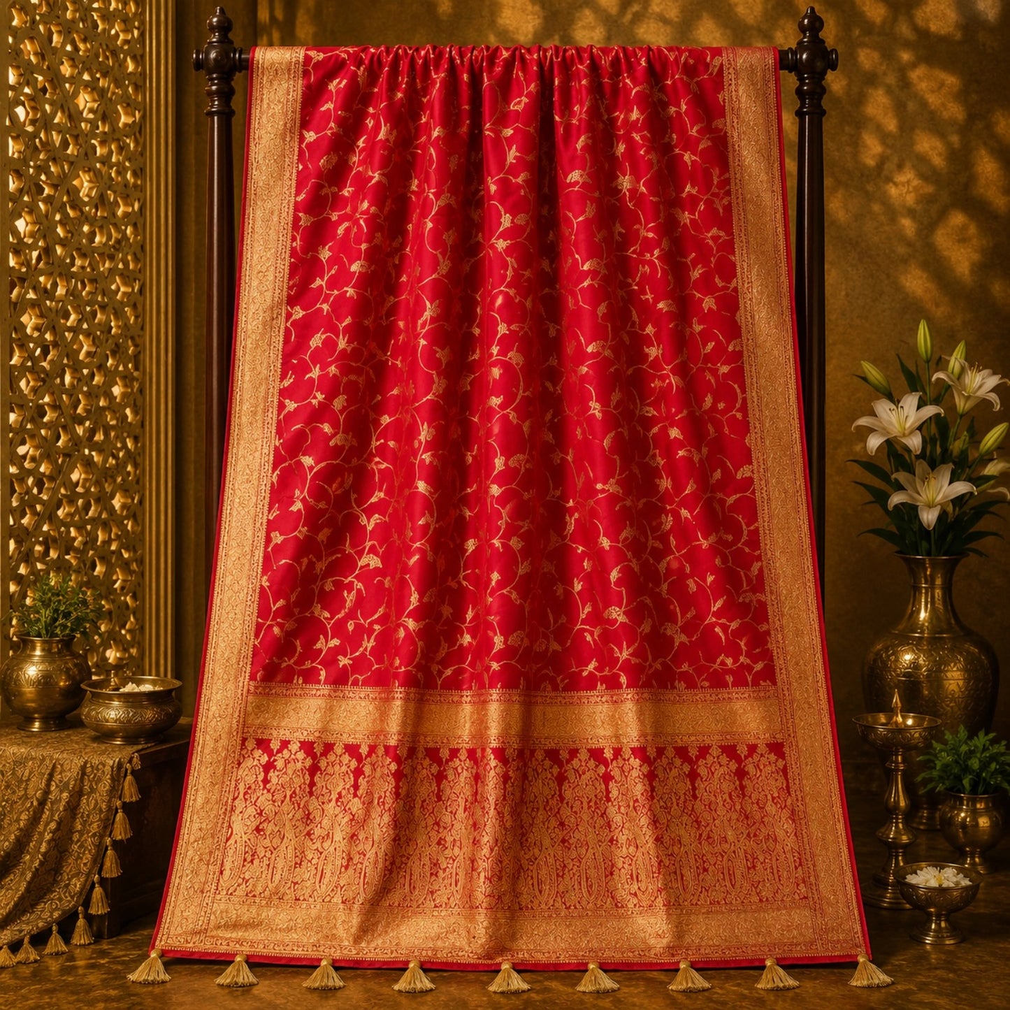 Red Pure Masru Silk Saree with Gold Floral Vine Weaving and Ornate Zari Border