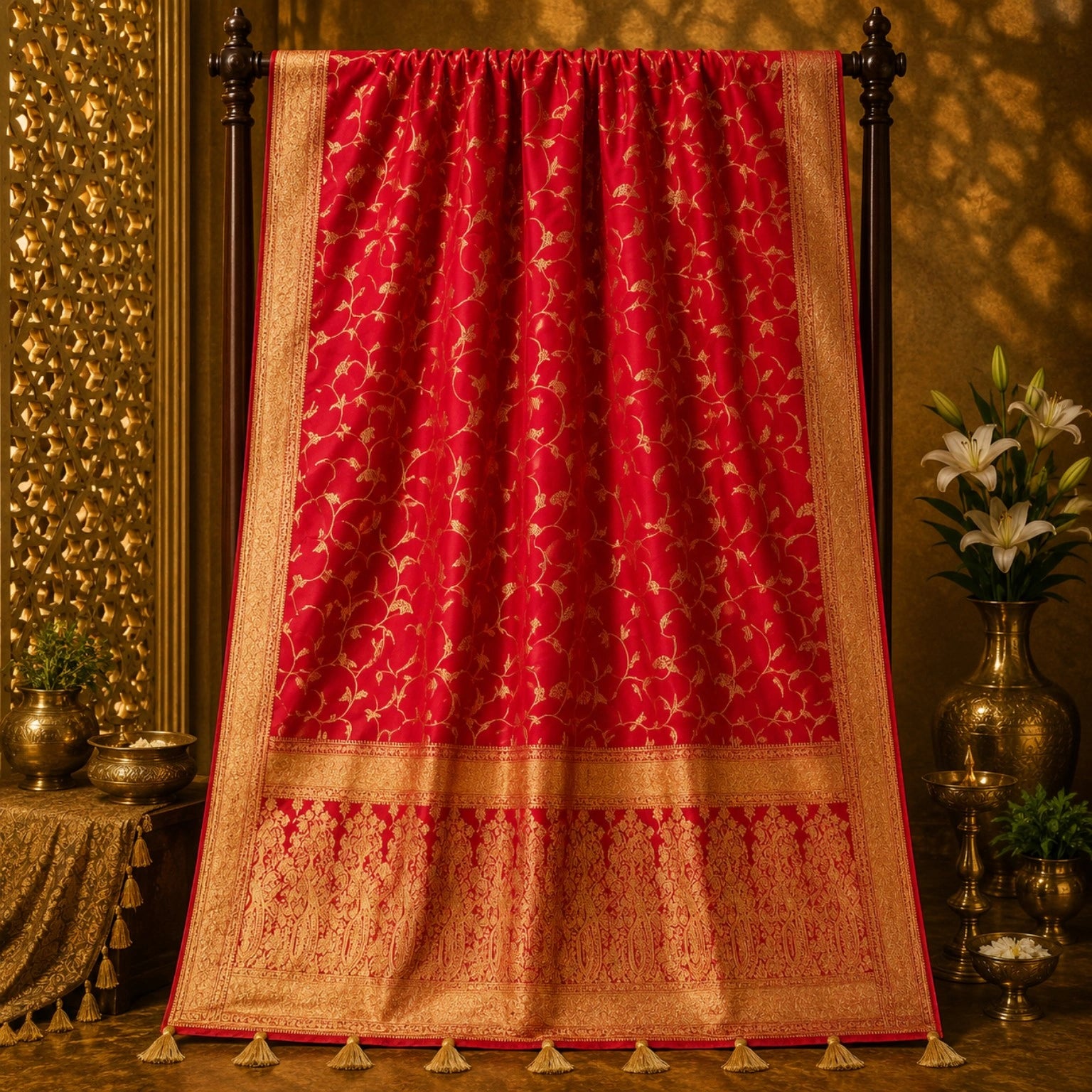 Red Pure Masru Silk Saree with Gold Floral Vine Weaving and Ornate Zari Border