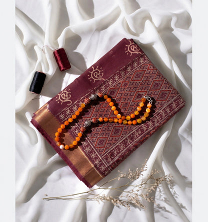 Maroon Kota Doria Hand Block Print Saree with Geometric Diamond Motifs & Traditional Borders
