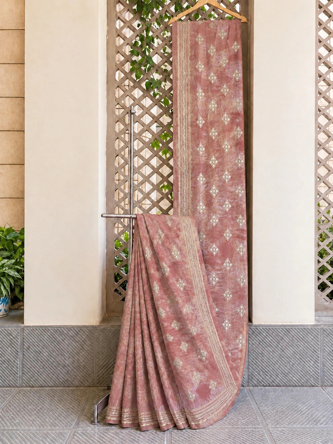 Dusty Rose Fandy Buta Saree with Silver Floral Buti Work and Elegant Border Party Wear Saree